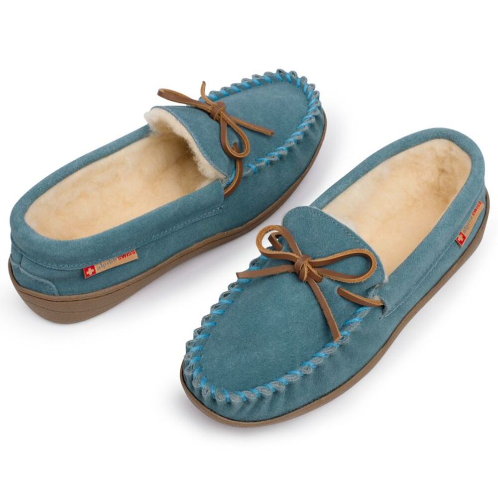 Alpine Swiss Sabine Womens Suede Shearling Moccasin Slippers House Shoes Slip On - Picture 4 of 9